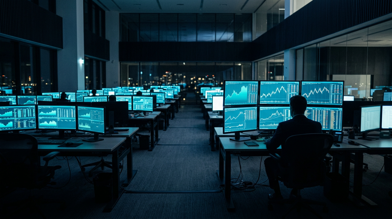 Trading room con schermi color acqua